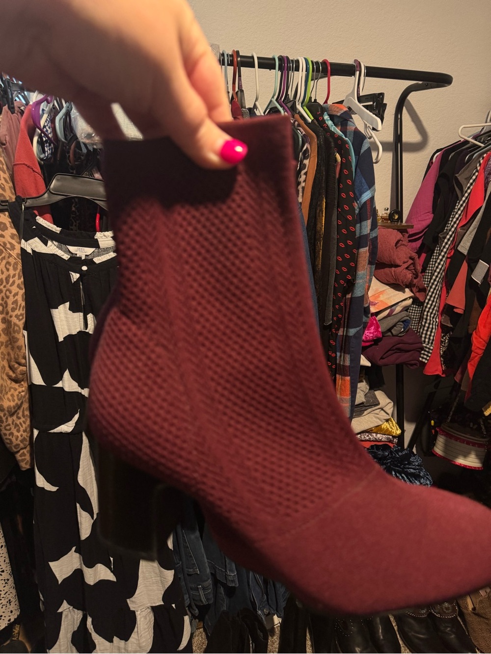 Born Burgundy Knit Sock Boot with Block Heel size 11